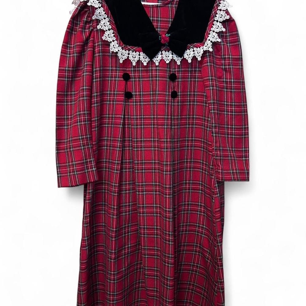 Vintage Plaid Red Kids Dress with Lace Collar